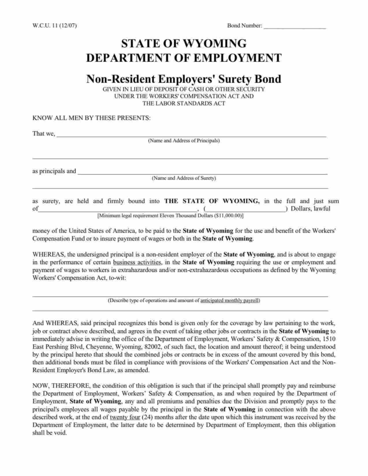 Wyoming Non-Resident Employer Bond Form