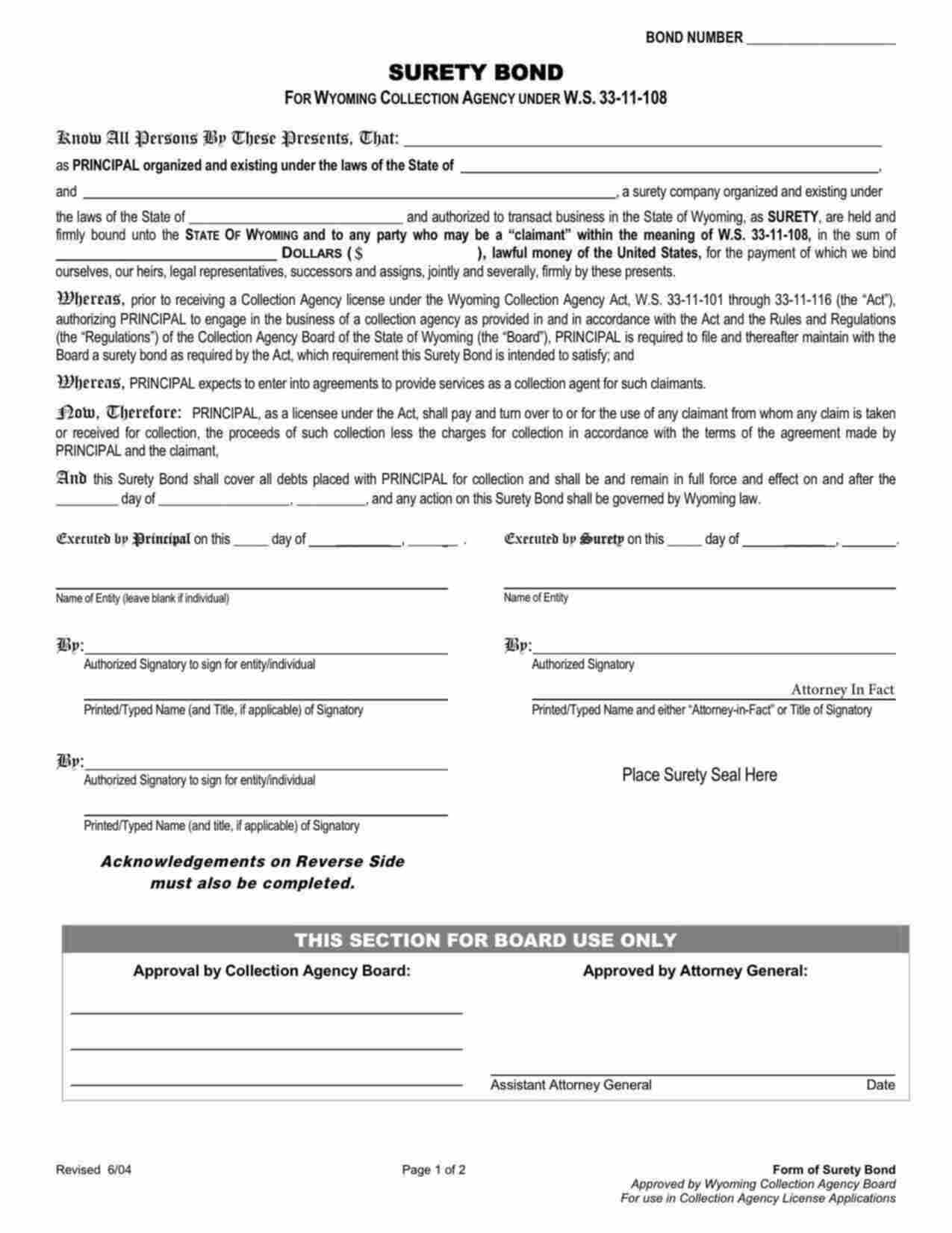 Wyoming Collection Agency License Bond Form