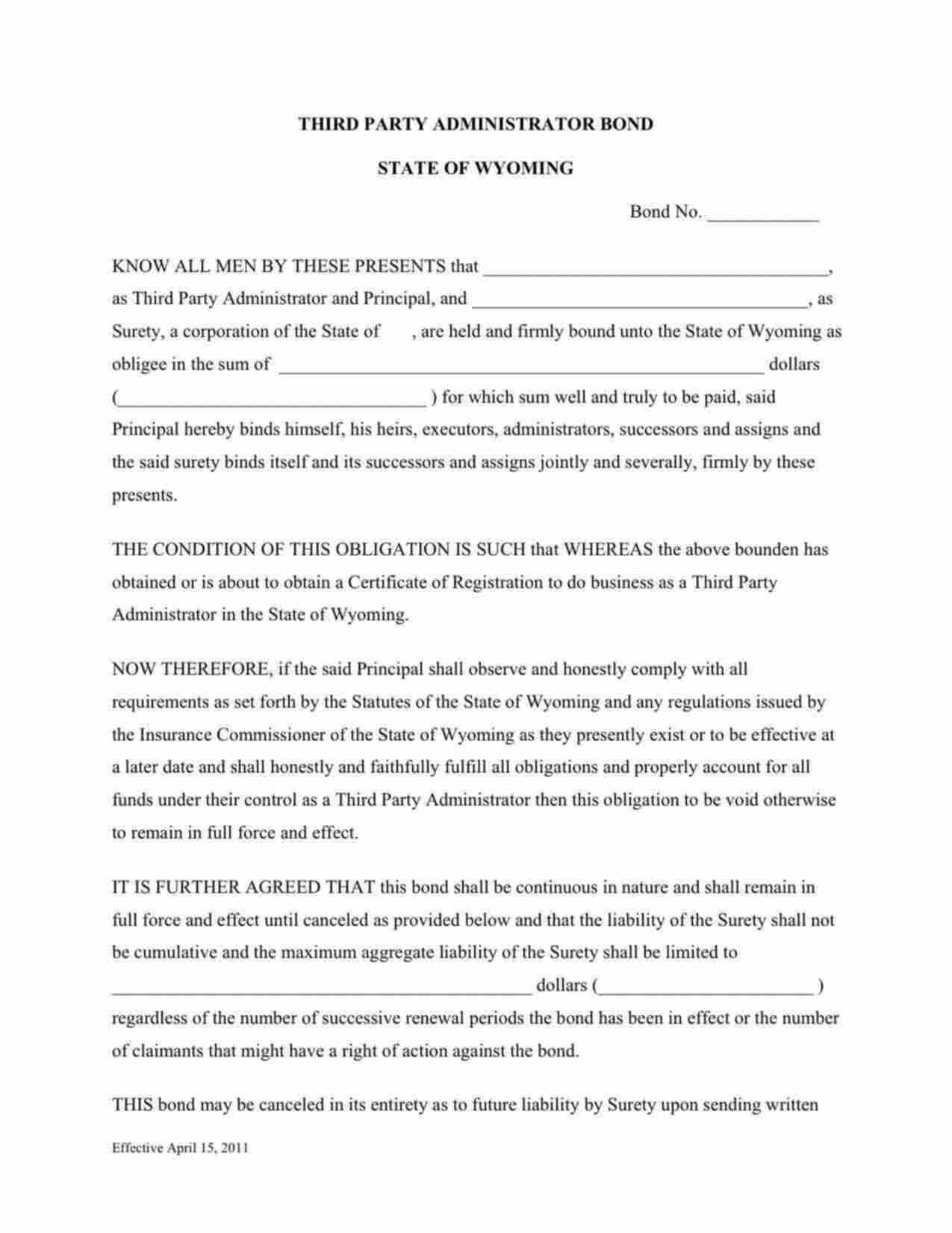 Wyoming Third Party Administrator Bond Form