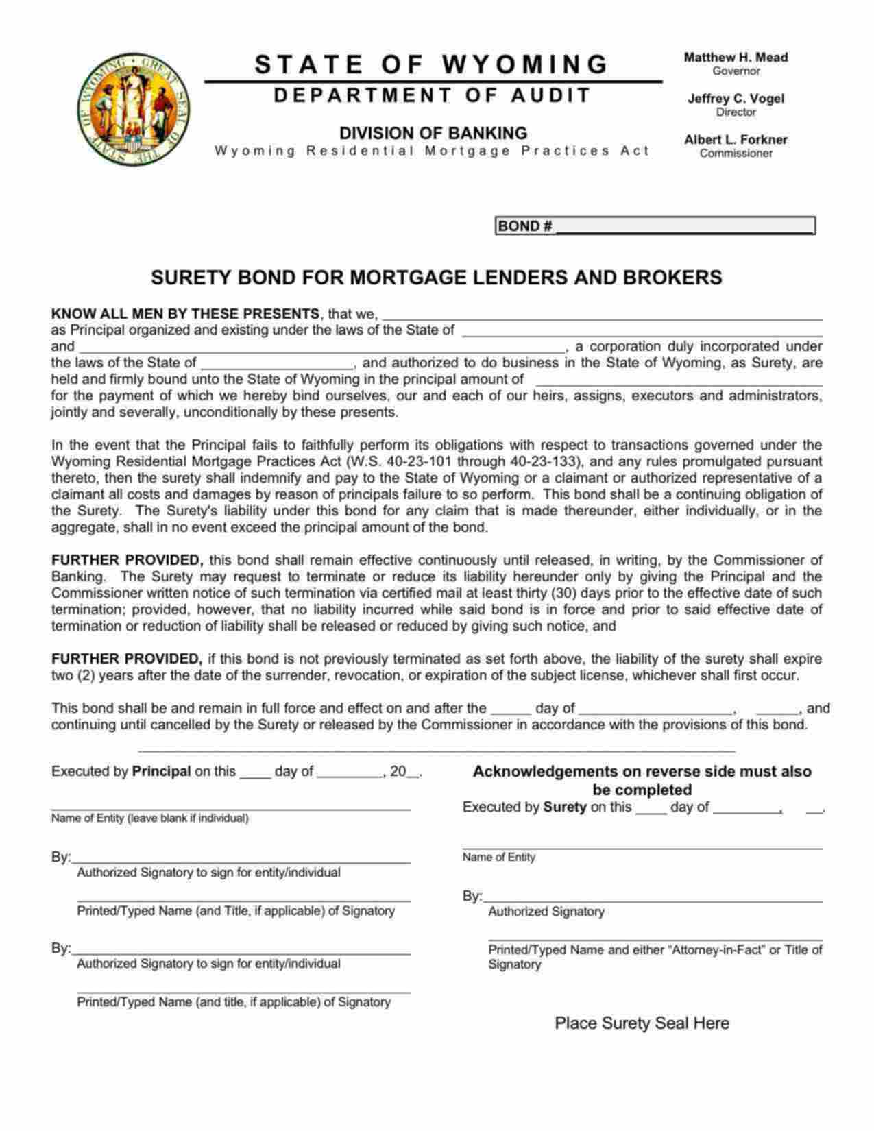 Wyoming Mortgage Lender/Broker License Bond Form