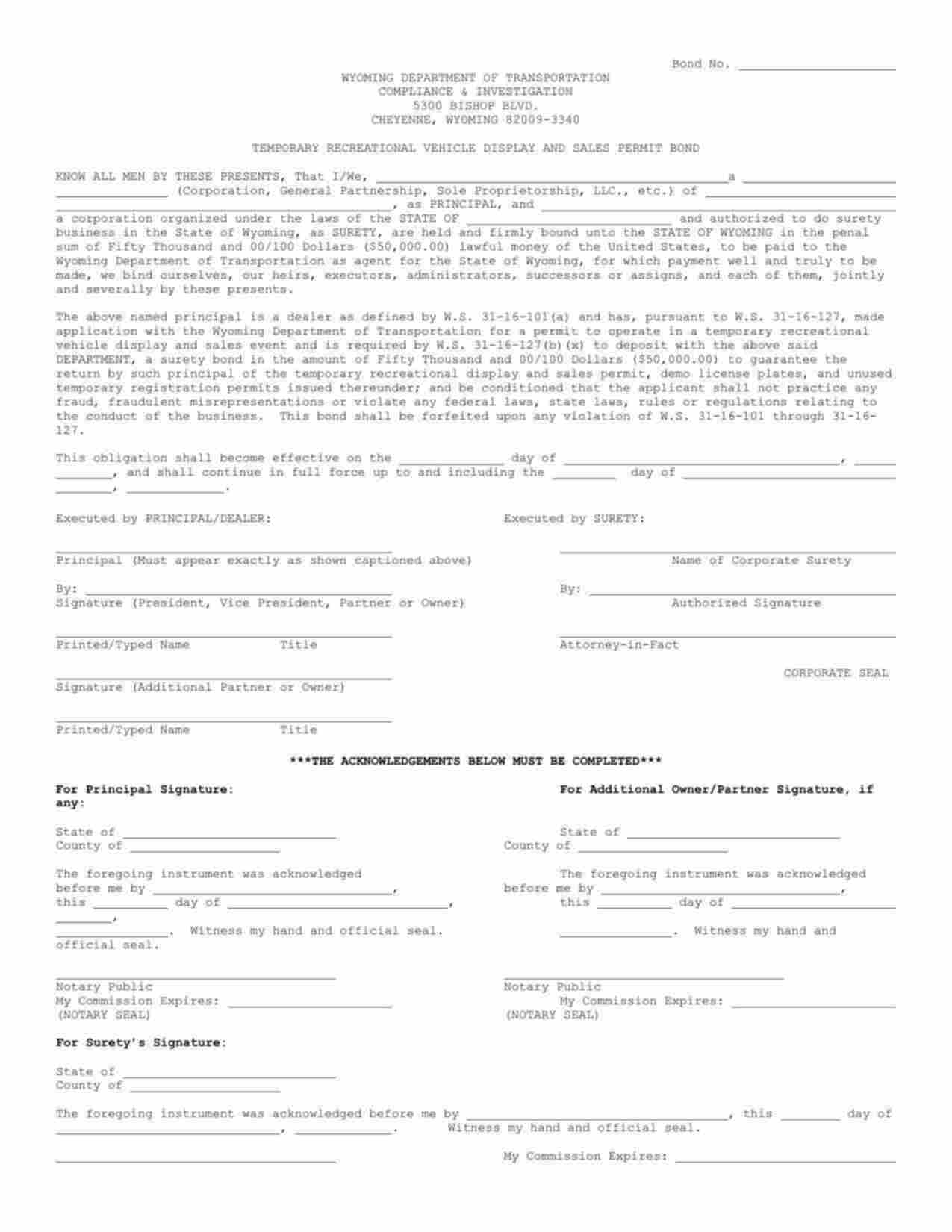 Wyoming Temporary Recreational Vehicle (R/V) Display and Sales Bond Form