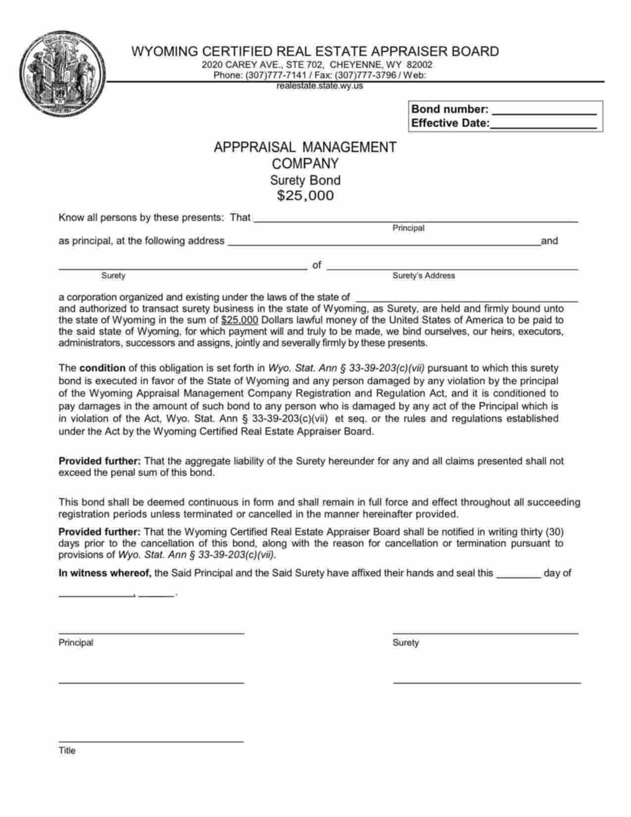 Wyoming Appraisal Management Company Bond Form