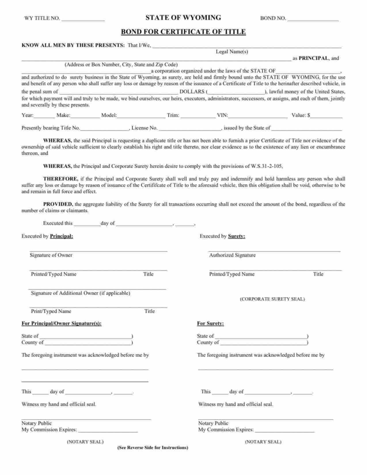 Wyoming Lost Certificate of Title Bond Form