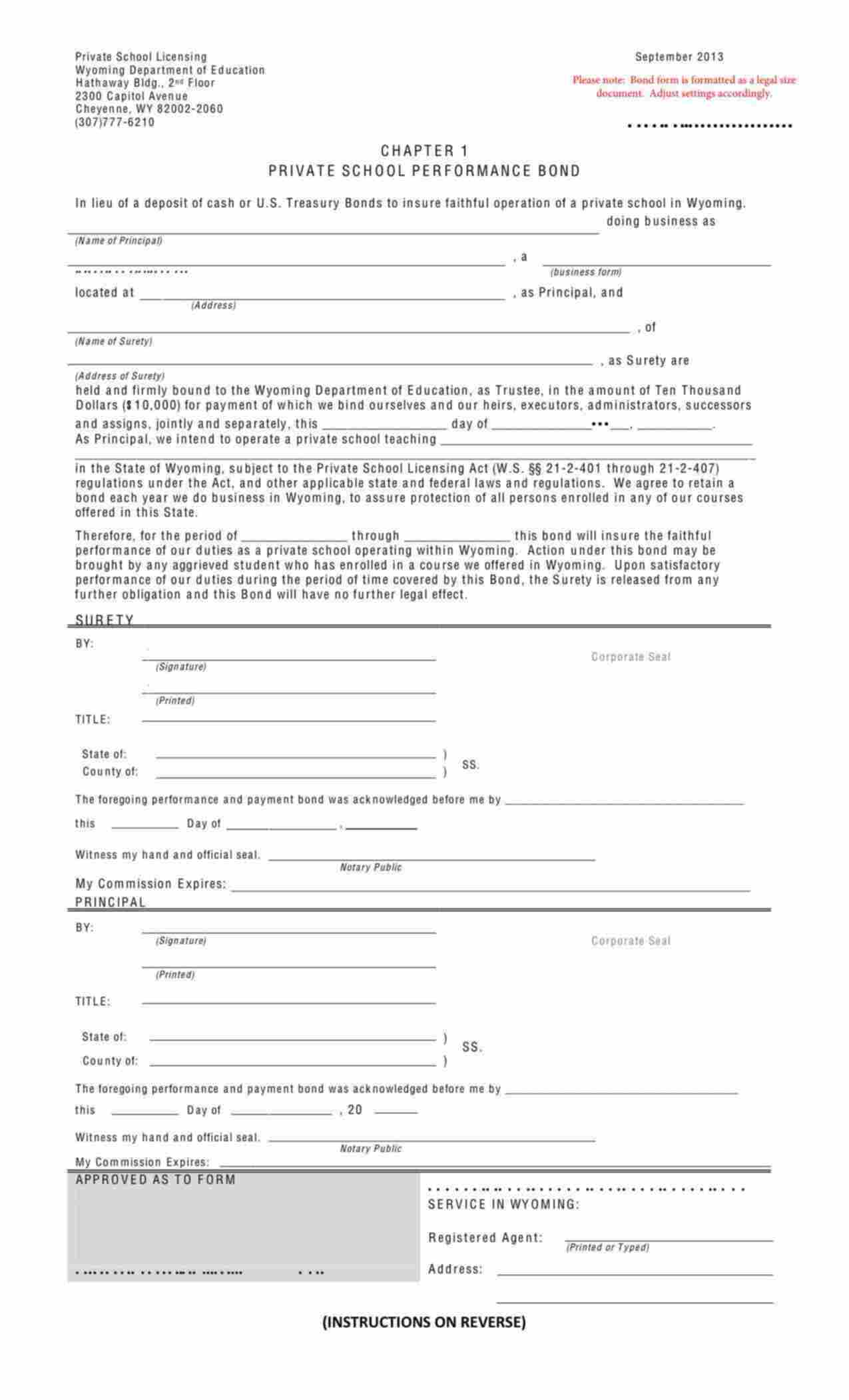 Wyoming Private School Performance Bond Form