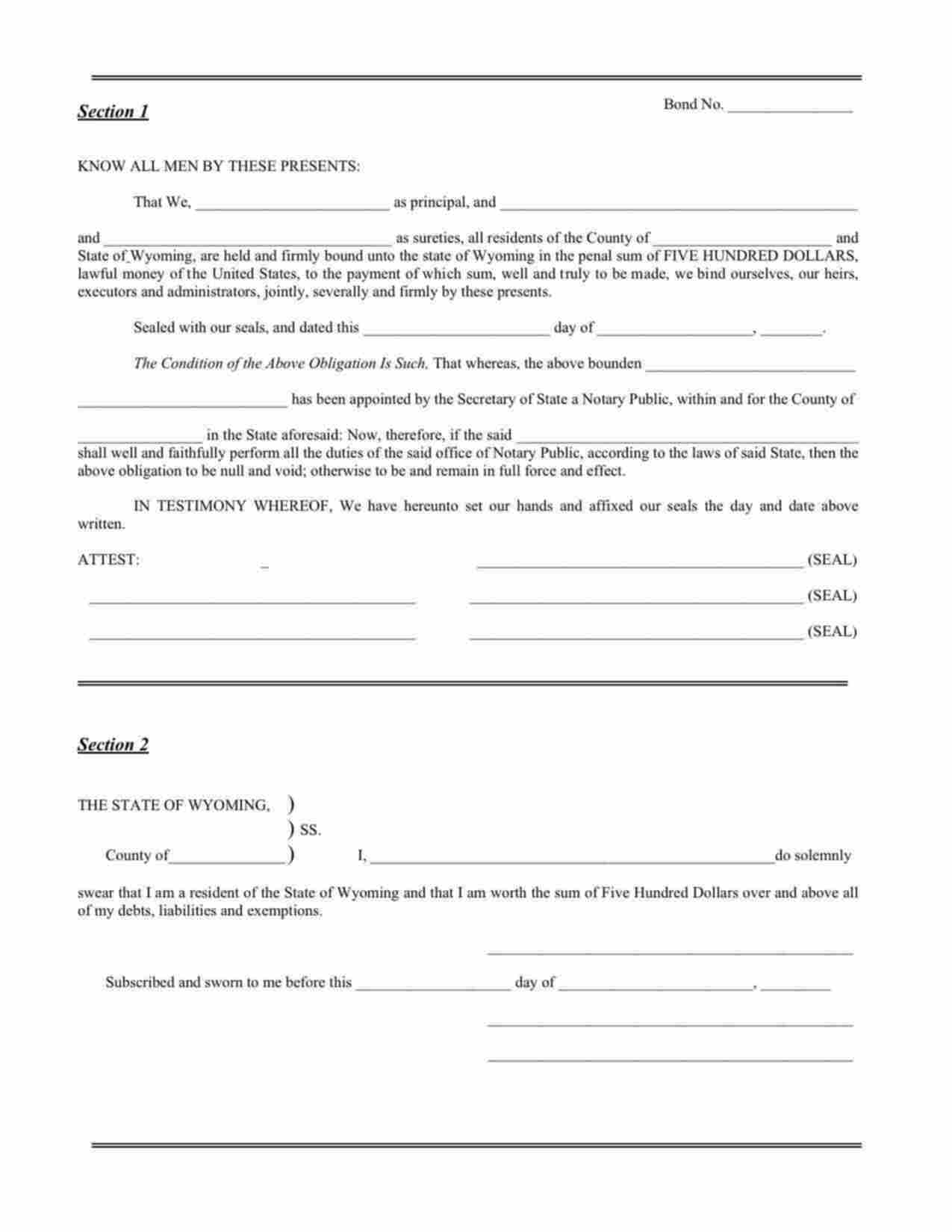 Wyoming Notary Public Bond Form