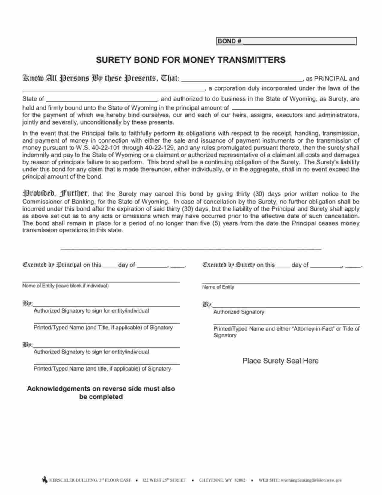 Wyoming Money Transmitter License Bond Form
