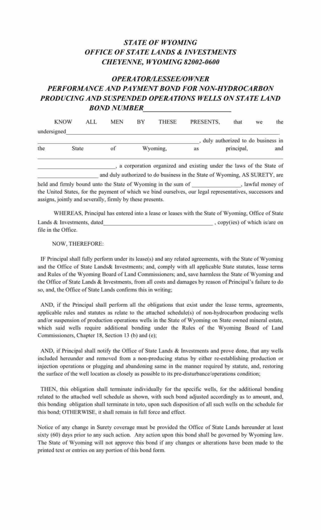 Wyoming Non-Hydrocarbon Producing and Suspended Operations Wells Bond Form