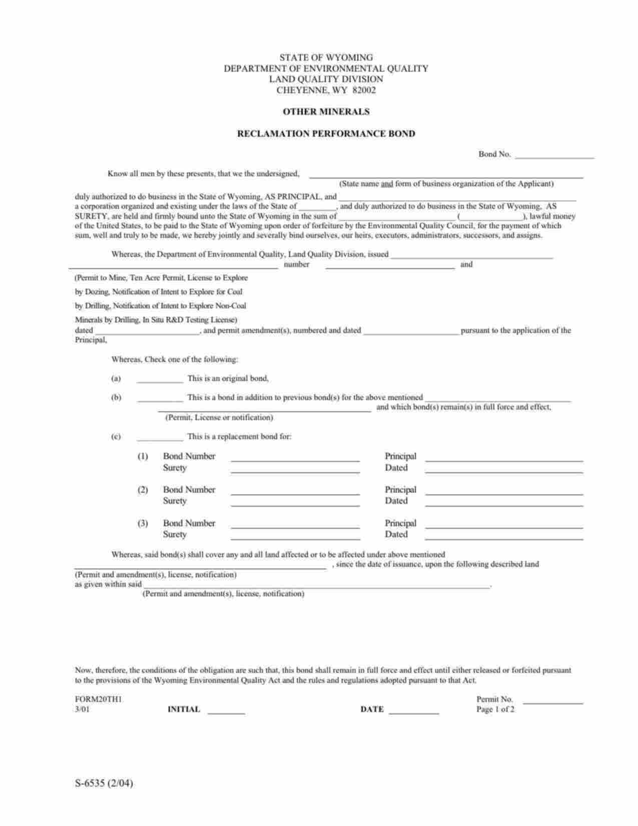 Wyoming Other Minerals Reclamation Performance Bond Form