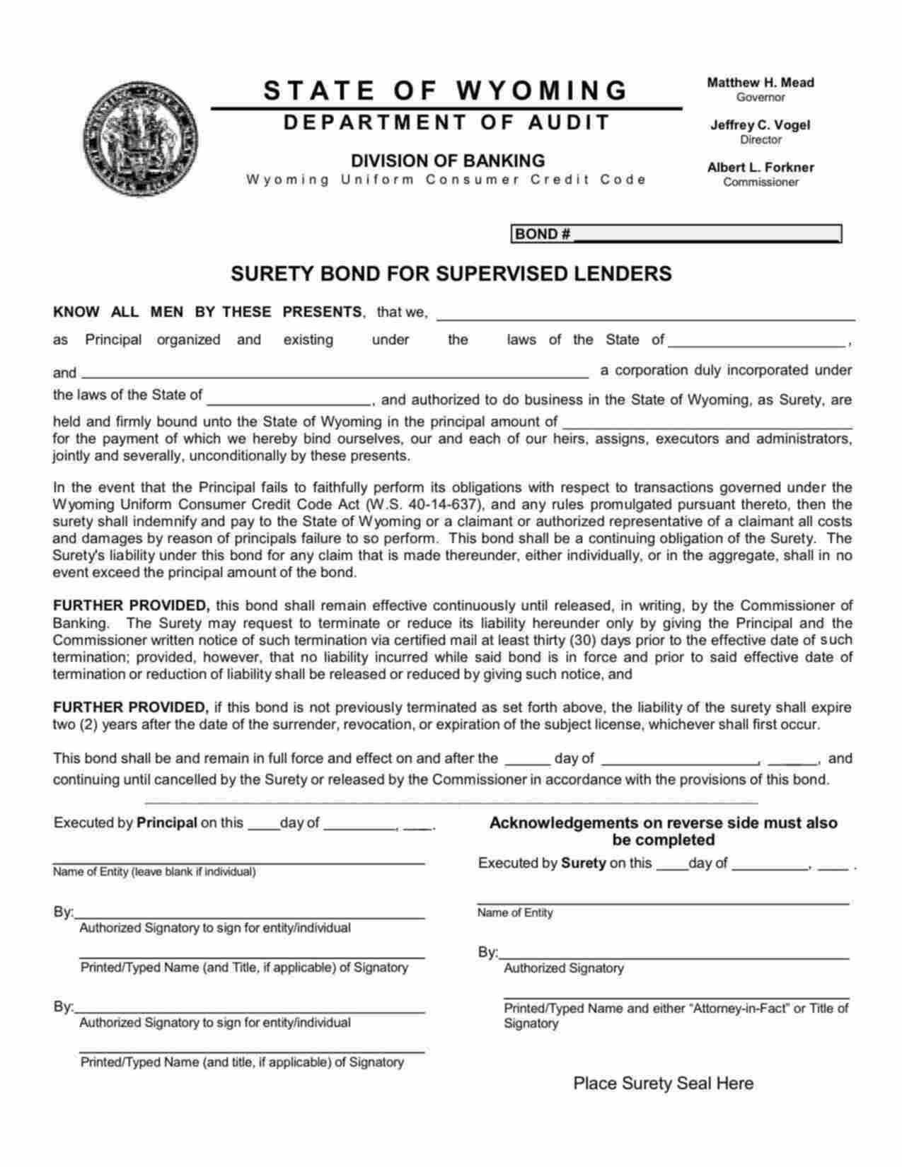 Wyoming Consumer Lender License - Mortgage Loan Originator Bond Bond Form