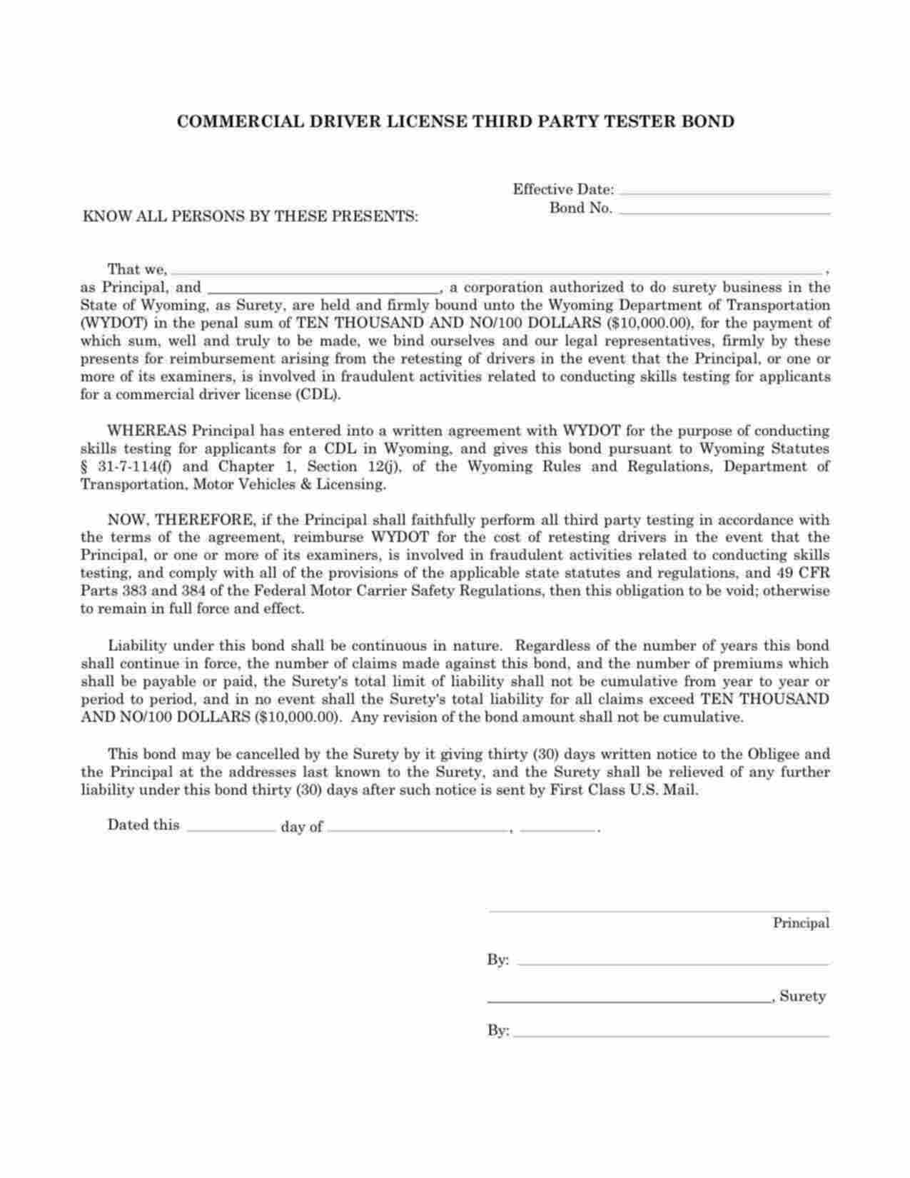 Wyoming Commercial Driver License (CDL) Third Party Tester Bond Form