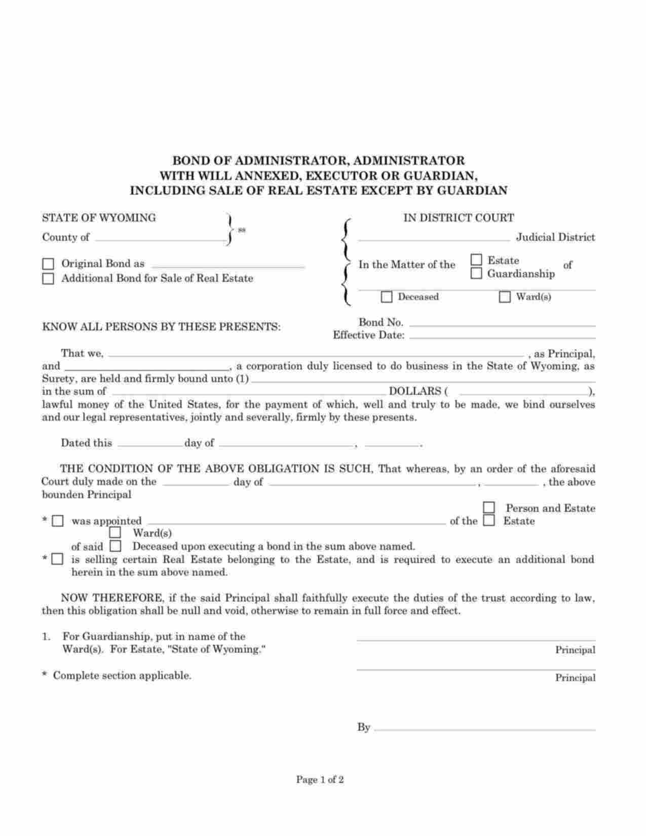 Wyoming Administrator Bond Form
