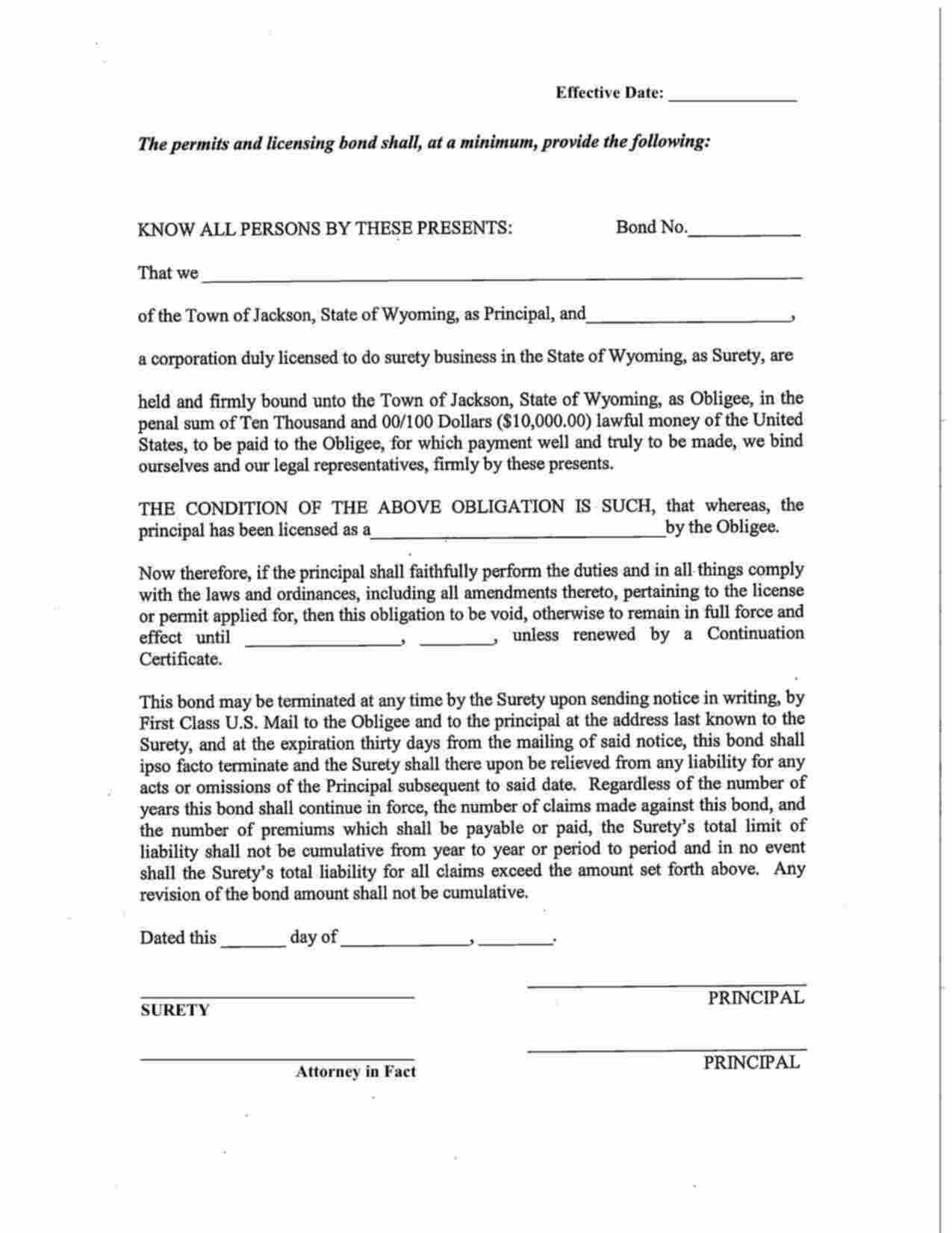Wyoming License/Permit Bond Form